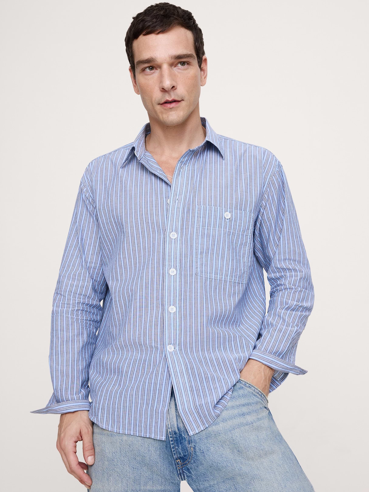Banana Republic Relaxed-Fit Summerweight Cotton Shirt in Light Blue Stripe, image 1 of 1 from Banana Republic (US)