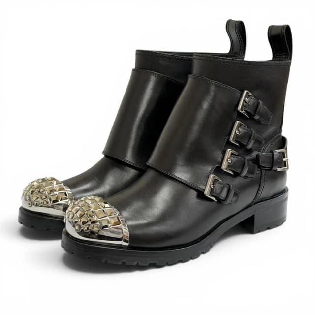 Miu Miu Square Studs Logo Cap Toe Leather Biker Boots Black in Black Leather from The Reluxe, photo 1 of 1