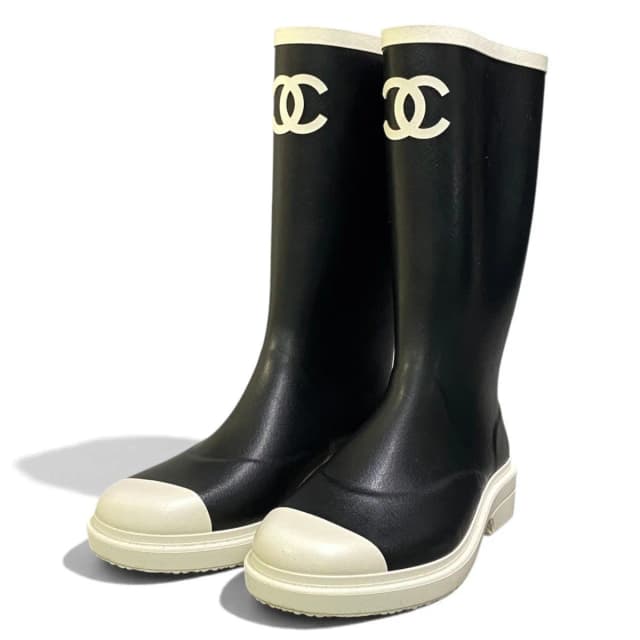 Chanel I2 Rubber Rain Boots Long CC Logo Black White in Black from The Reluxe, photo 1 of 1