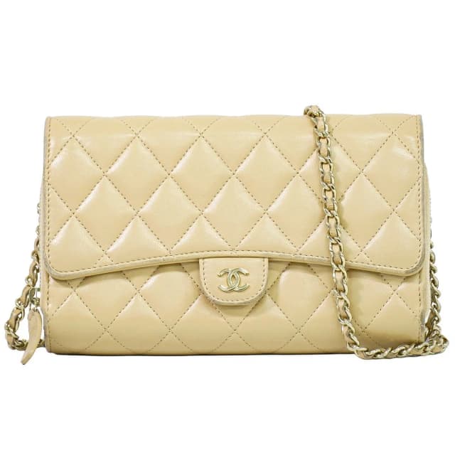 Chanel CC Logo Quilted Chain Wallet on Pochette Lambskin Leather Beige Shoulder in Beige Lambskin from The Reluxe, photo 1 of 1