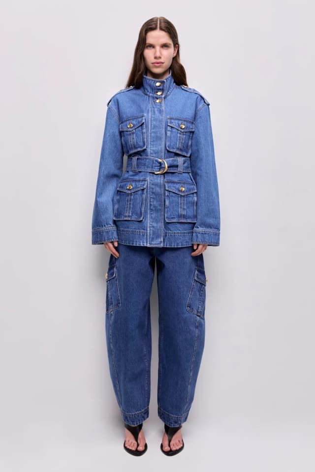 AJE Loxley Denim Trench Jacket in MID WASH BLUE, image 1 of 1 from Aje