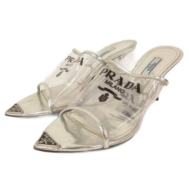 Prada Mules Triangle Logo Pointed Toe Clear Silver Color TQ 36 in Silver from The Reluxe, photo 1 of 1