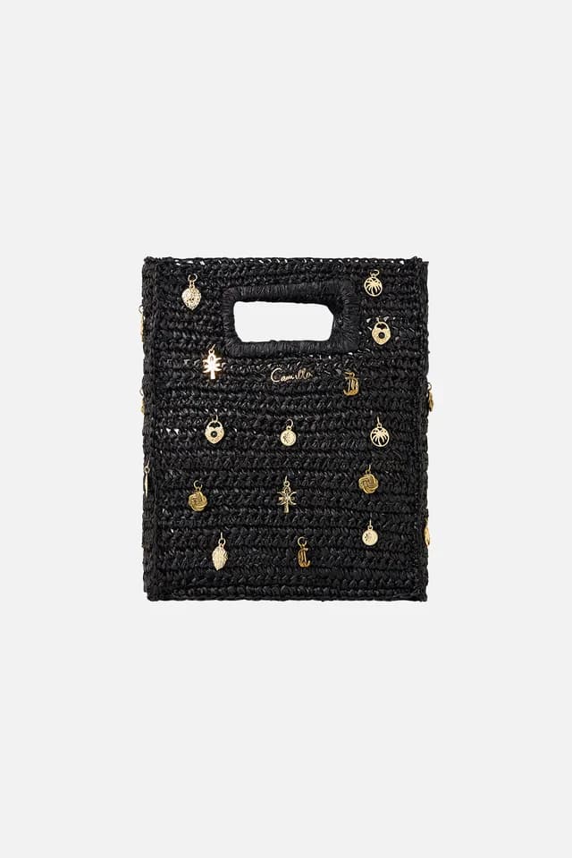 Camilla eBoutique RAFFIA MINI NORTH SOUTH TOTE WITH CHARMS SOLID BLACK, image 1 of 1 from CAMILLA