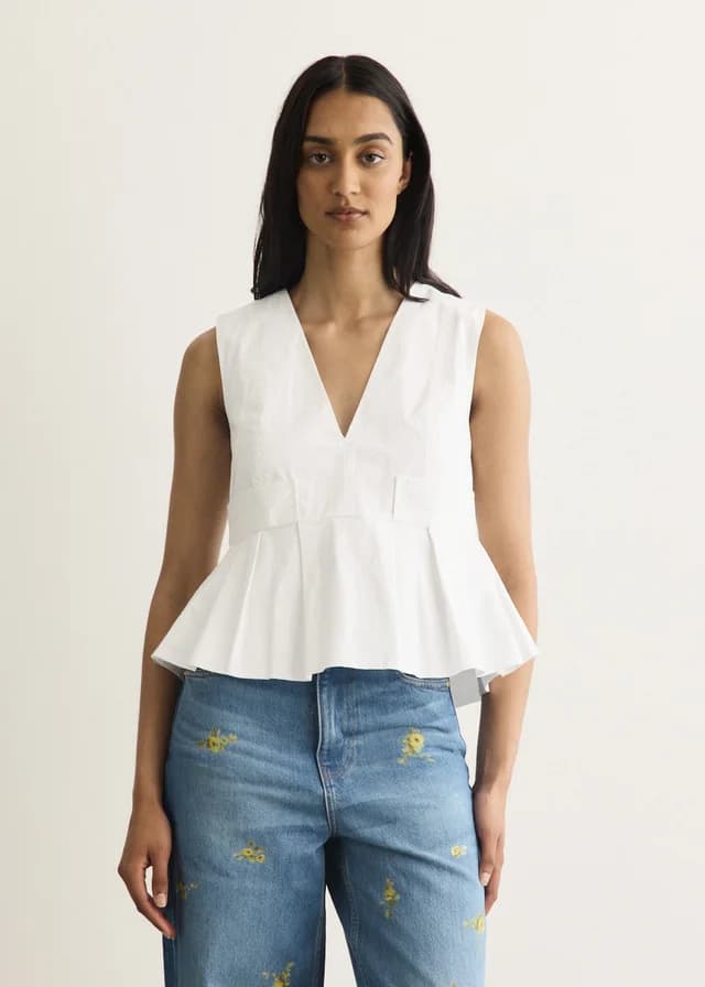 Ganni Stretch Cotton V-neck Pocket Blouse in Bright White 151, image 1 of 1 from Incu