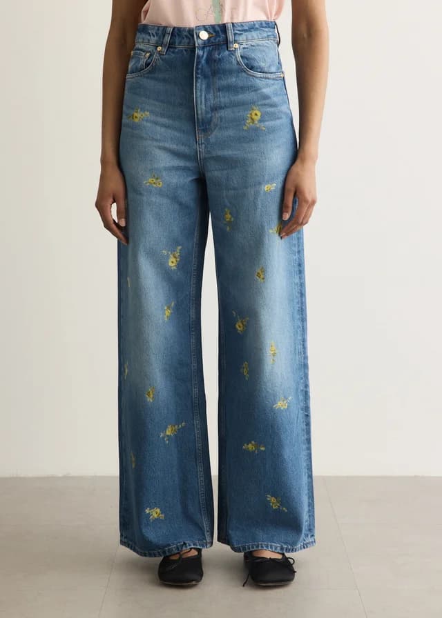 Ganni Printed Flower Denim Lari Jeans in Light Blue Vintage 565, image 1 of 1 from Incu
