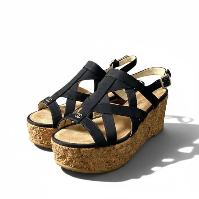 Chanel Cork Wedge Sole Sandals CC Logo Navy in Navy from The Reluxe, photo 1 of 1