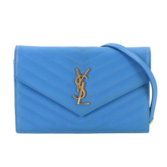 Saint Laurent Cassandra Envelope Chain Wallet Leather Blue Gold Shoulder Bag in Blue Leather from The Reluxe, photo 1 of 1