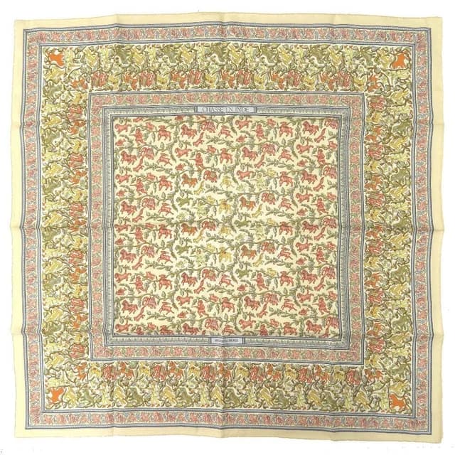 Hermès Carre 90 Indian Hunting Chasse En Inde Scarf Silk Ivory Yellow Light Blue in White Silk from The Reluxe, photo 1 of 1