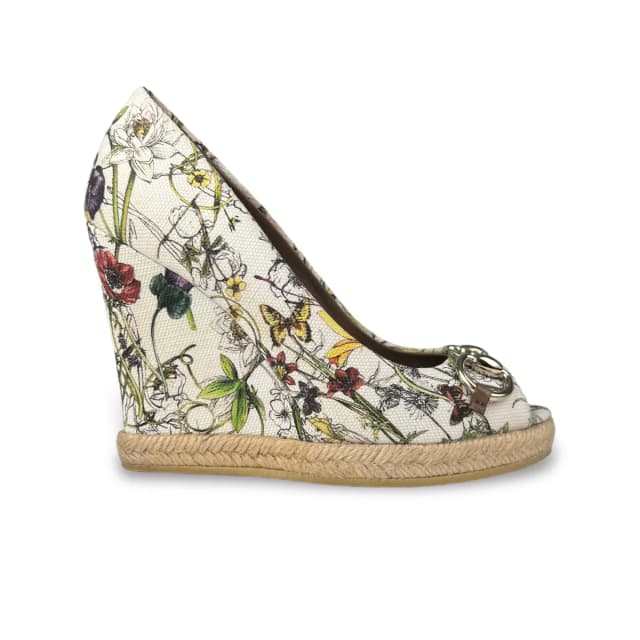 Gucci White Flora Canvas Horsebit Wedges in Floral Canvas from Designer Archives, photo 1 of 1
