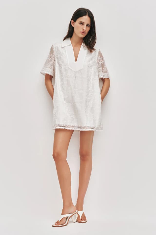 AJE Merritt Embroidered Short Sleeve Dress in IVORY, image 1 of 1 from Aje
