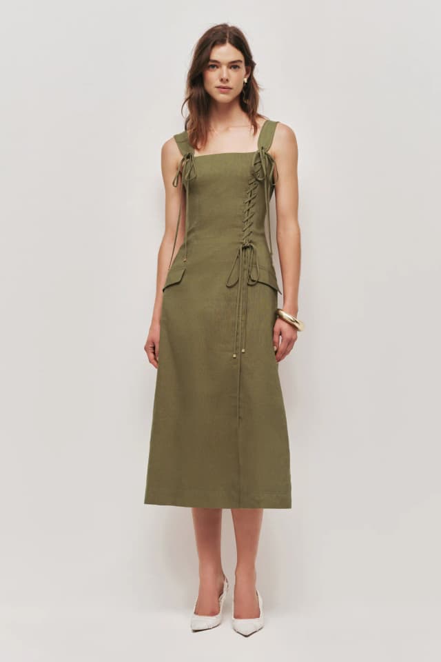 AJE Solene Midi Dress in KHAKI, image 1 of 1 from Aje