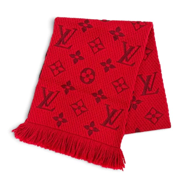 Louis Vuitton Logomania Scarf Wool Silk Ruby Monogram Fringe in Silk from The Reluxe, photo 1 of 1
