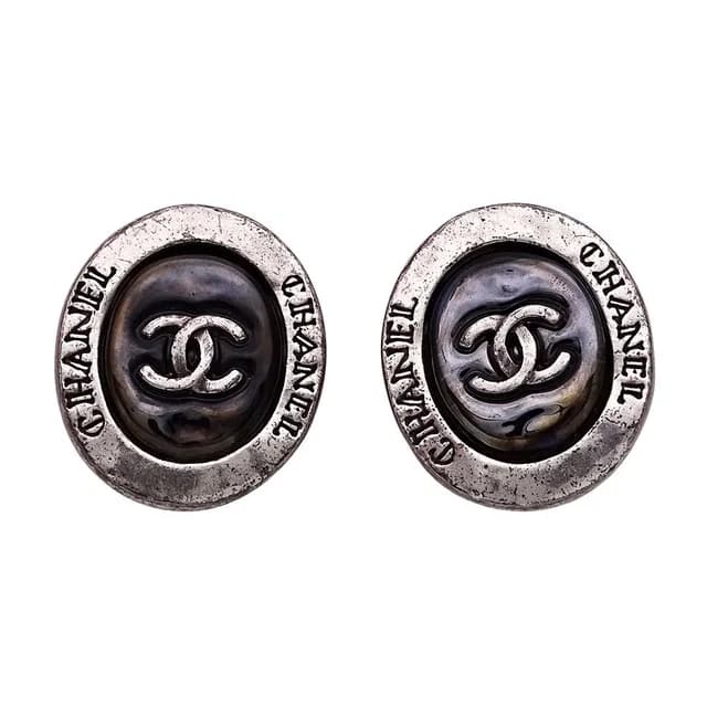 Chanel Earrings Black Silver CC Logo Oval Large in Black from The Reluxe, photo 1 of 1