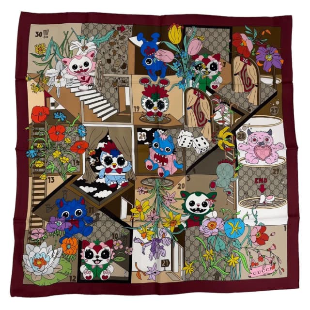 Gucci Besties Print Silk Twill Scarf 100% Bordeaux 90 in Burgundy Silk from The Reluxe, photo 1 of 1