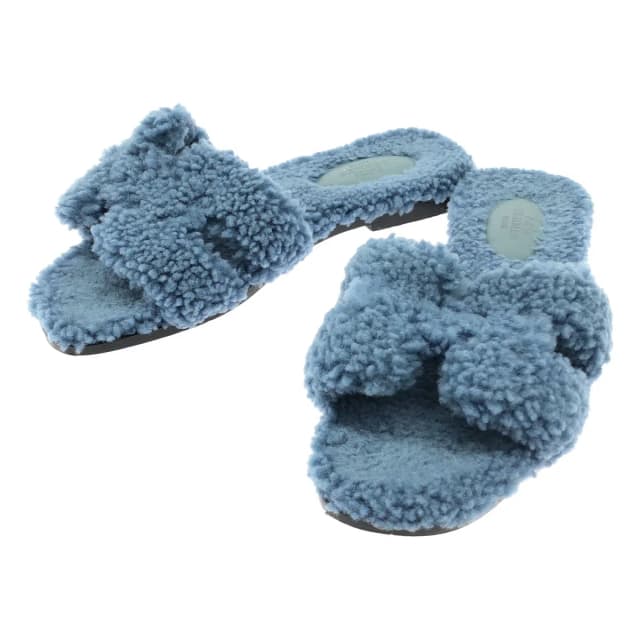 Hermès Oran Shearling Blue Sandals in Blue from The Reluxe, photo 1 of 1