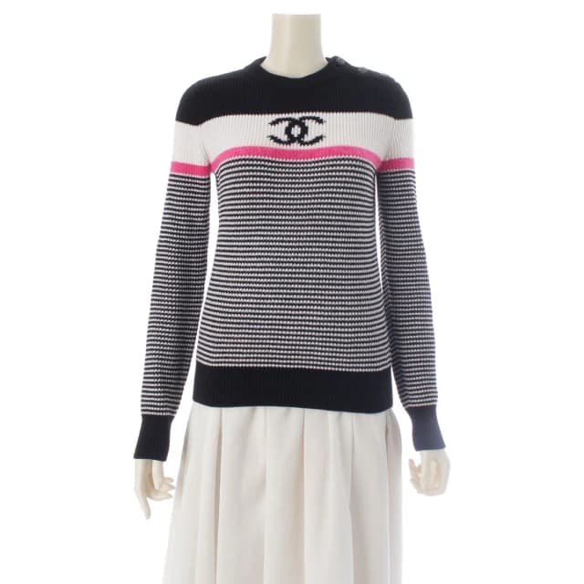 Chanel CC Logo Border Knit Long Sleeve Sweater Top Black White Pink 36 in Black from The Reluxe, photo 1 of 1