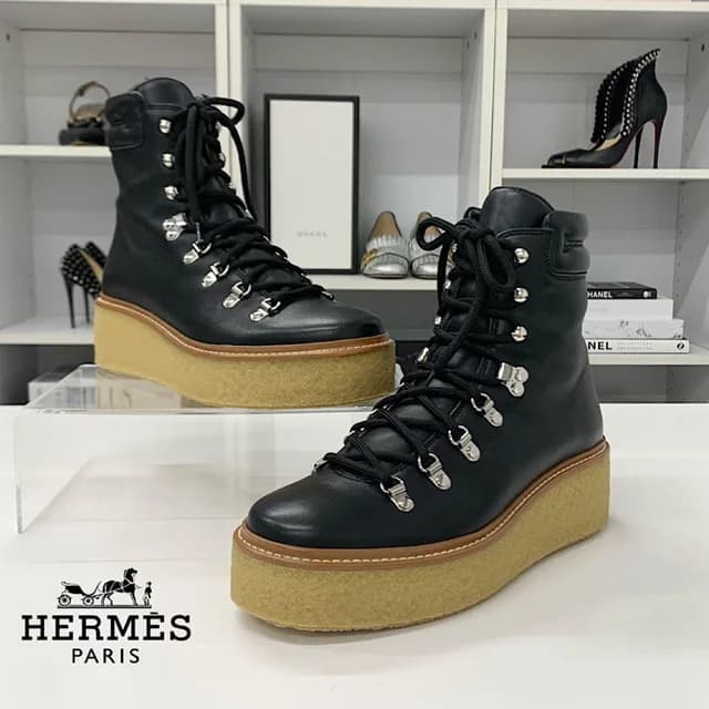 Hermès Discovery Leather Lace-up Platform Short Boots Black in Black Leather from The Reluxe, photo 1 of 1
