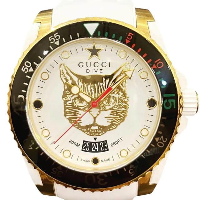 Gucci Dive Mystic Cat Watch SS Rubber Quartz White Gold Dial 136.3 in White from The Reluxe, photo 1 of 1