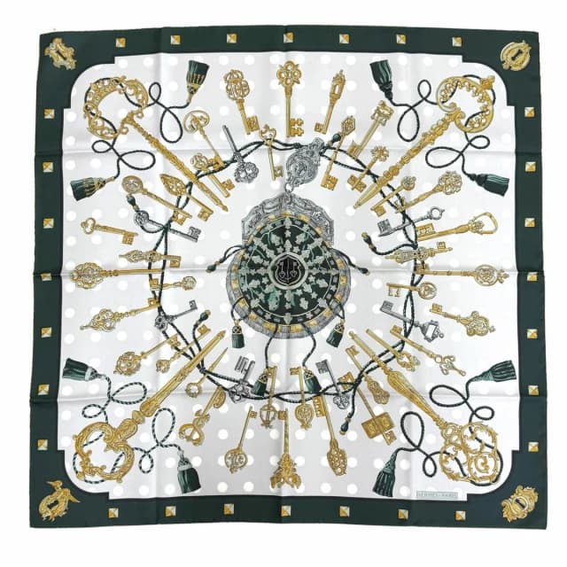 Hermès les Cles Silk 100% Vert Sapin Gray Perlee Vieille Carre 90 Double Face in Green Silk from The Reluxe, photo 1 of 1