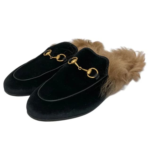 Gucci Prince Town Lamb Fur Horsebit Velvet Sandals Black Beige in Black Velvet from The Reluxe, photo 1 of 1