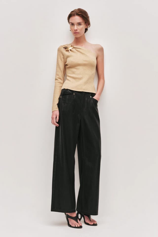 AJE Rosabel Asymmetric Knit Top in METALLIC GOLD, image 1 of 1 from Aje