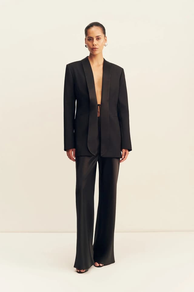 Shona Joy BENJI SATIN CONTRAST TUXEDO BLAZER - BLACK, image 1 of 1 from Shona Joy