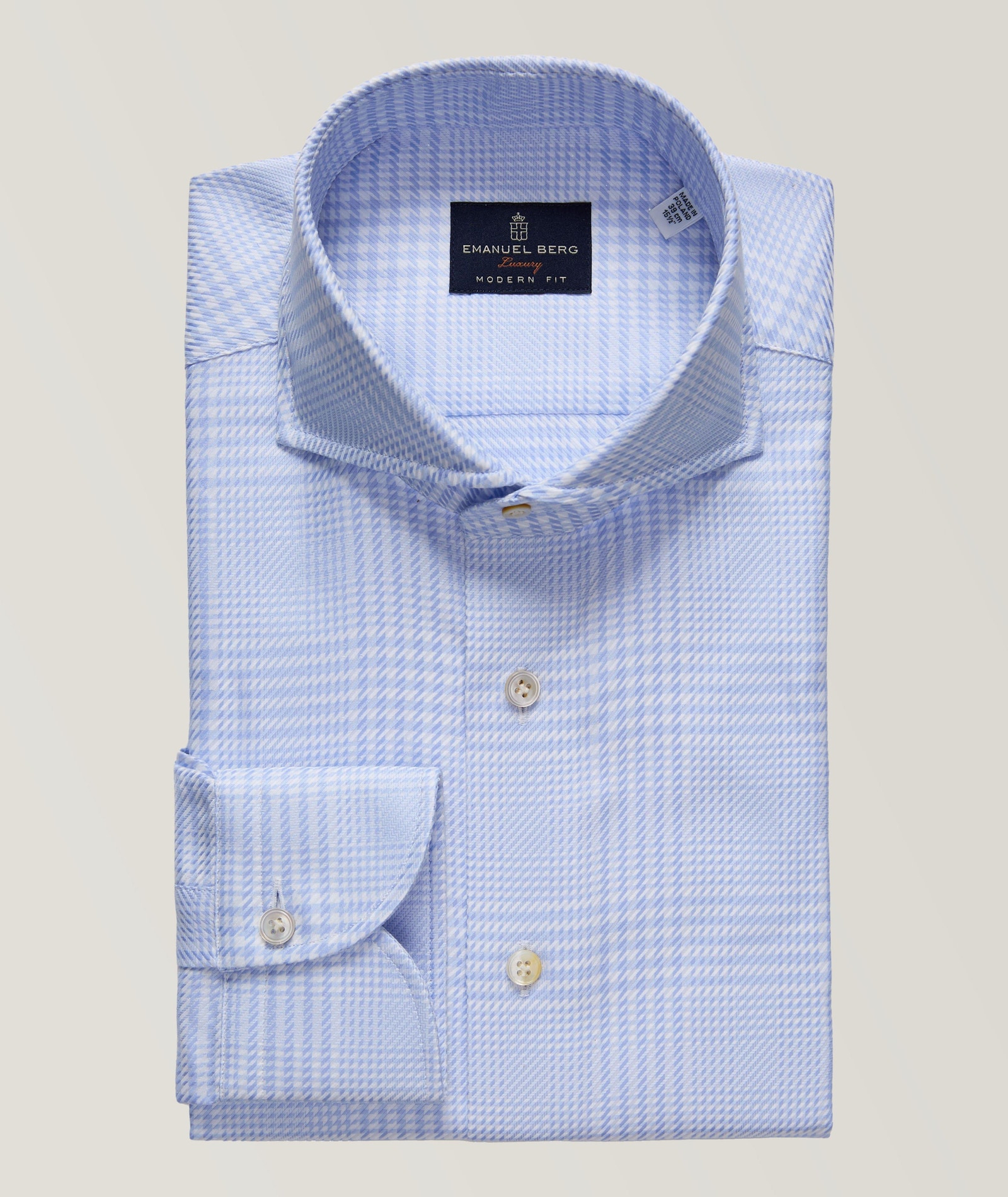 Emanuel Berg Premium Luxury Prince of Wales Dress Shirt in Blue Cotton & Cotton Blends, image 1 of 1 from Harry Rosen