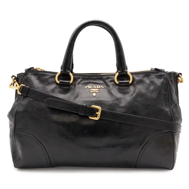 Prada Vitello Shine 2-Way Shoulder Bag Crossbody Leather Nero Black Gold in Black Leather from The Reluxe, photo 1 of 1