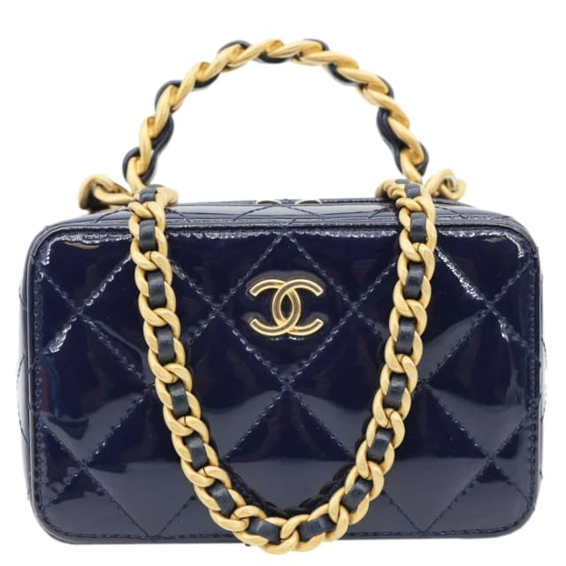 Chanel Woven Chain Vanity Case Mini Patent Leather Top Handle Shoulder Bag Blue in Blue Patent leather from Dallas Designer Handbags, photo 1 of 1