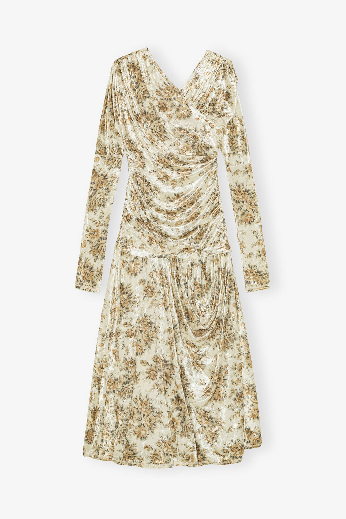 Golden Floral Ruched Dress in Cloud Cream, image 1 of 1 from GANNI (US)