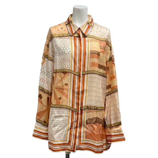 Hermès Long Sleeve Shirt Blouse M 5 DH Brown Beige White Silk 40 in Brown Silk from The Reluxe, photo 1 of 1