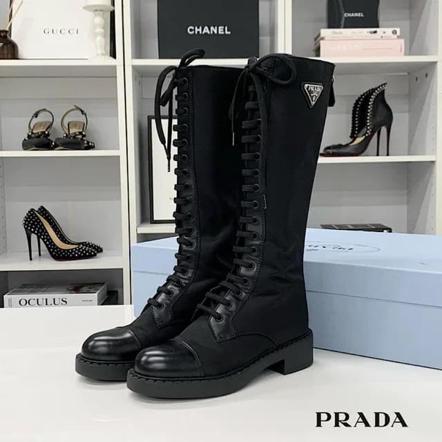 Prada Re-Nylon Triangle Logo Nylon Leather Long Boots in Nylon from The Reluxe, photo 1 of 1