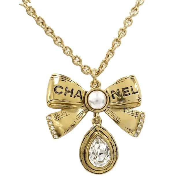 Chanel Necklace Ribbon CC Logo Rhinestone Plated Gold 25k in Gold from The Reluxe, photo 1 of 1