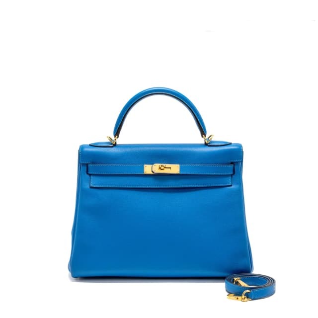 Hermès Kelly 32 Evercolor Blue Hydra GHW Stamp X in Blue Leather from EMIER, photo 1 of 1