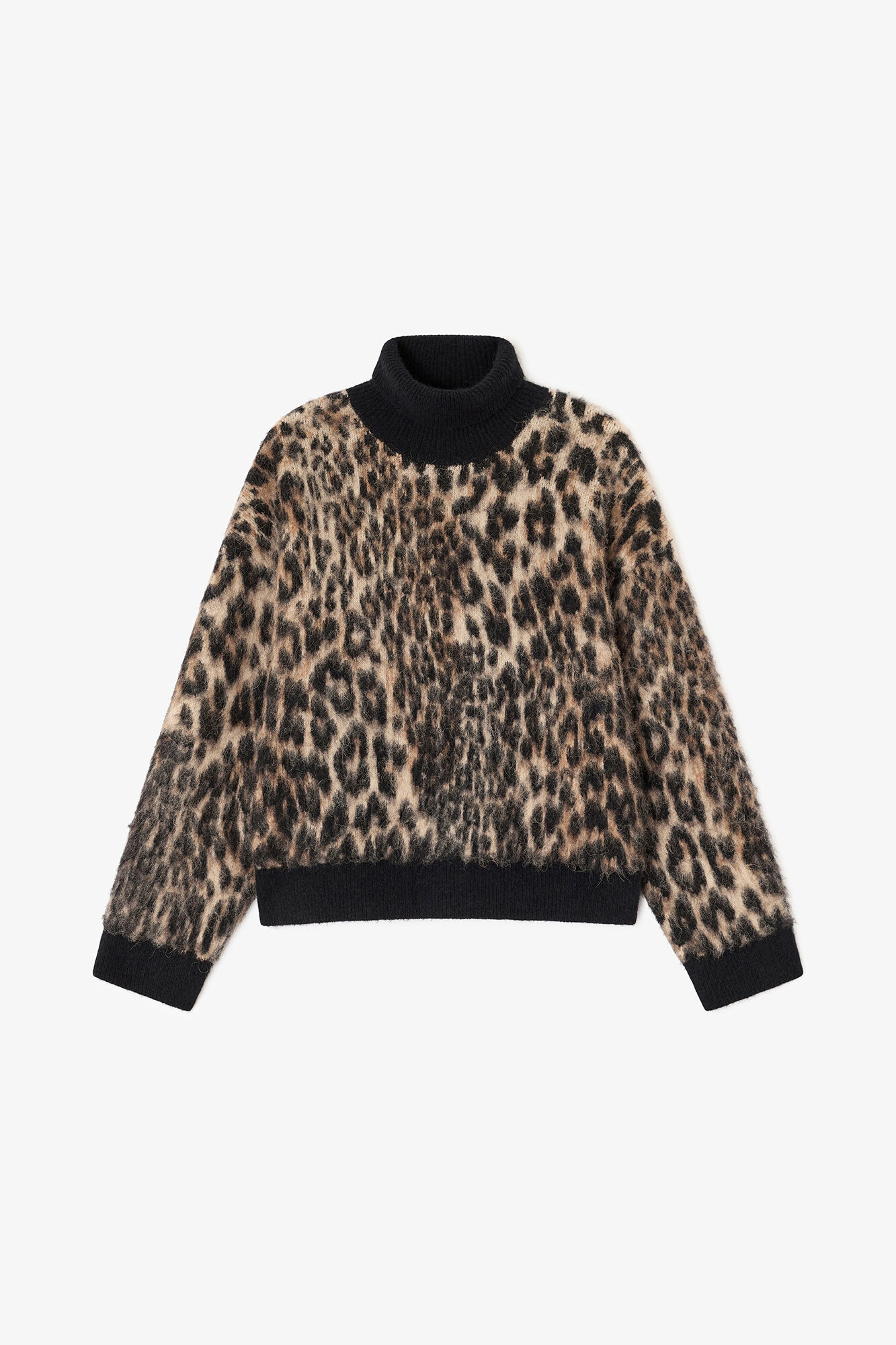GANNI Leopard High-neck Jumper in Leopard 32% alpaca, 32% merino, 30% polyamide, 6% elastane, image 1 of 1 from GANNI (Canada)