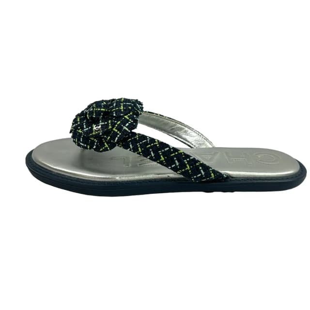 Chanel Sandals Navy Light Green Blue Camellia in Navy Tweed from The Reluxe, photo 1 of 1