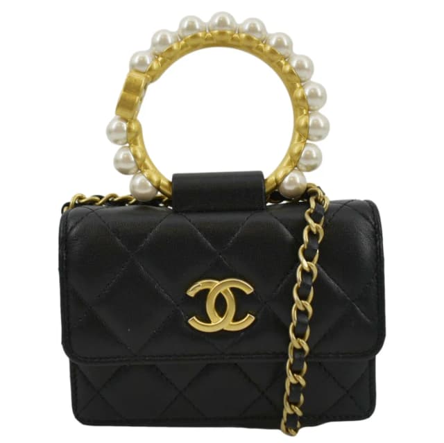 Chanel Pearl Mini Quilted Leather Top Handle Shoulder Bag Black in Black Leather from Dallas Designer Handbags, photo 1 of 1