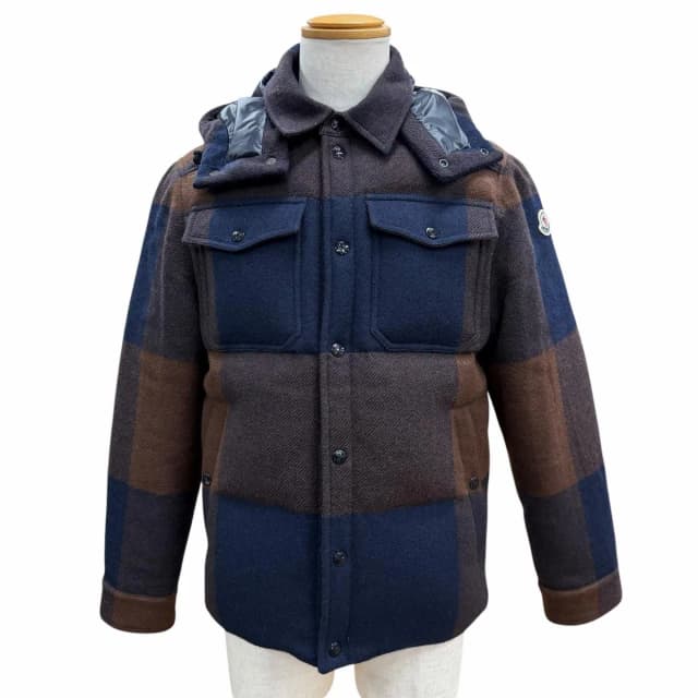 Moncler Ladurns Wool Plaid Hooded Double Zip Up Jacket Brown Navy 0 in Brown Wool from The Reluxe, photo 1 of 1