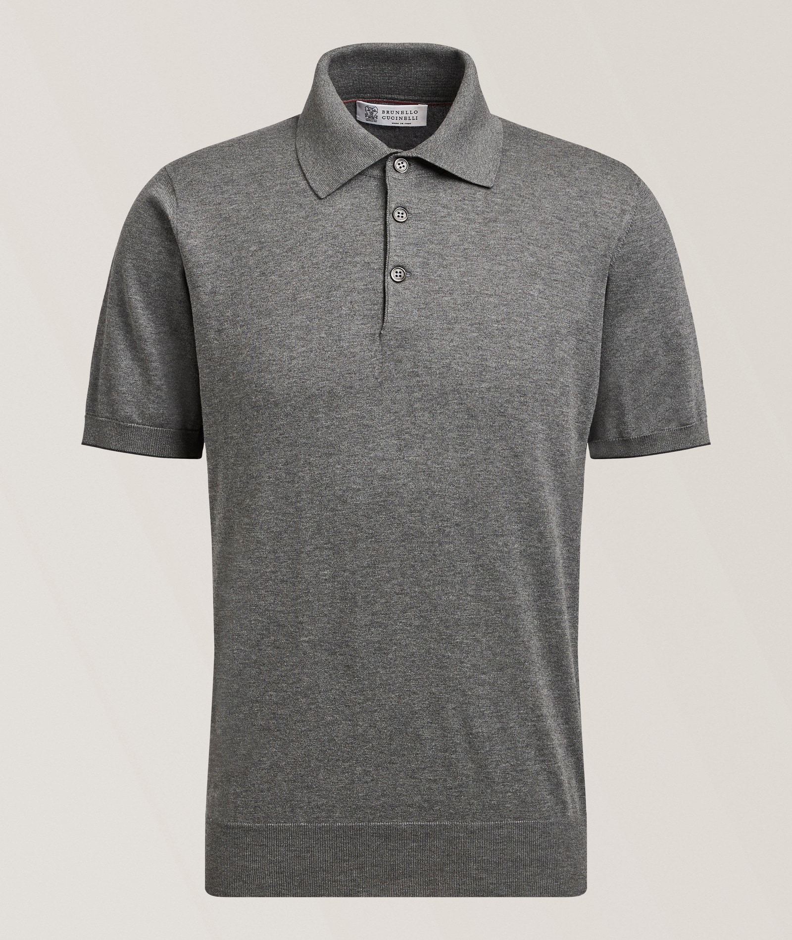 Brunello Cucinelli Contrast-Tipping Knit Cotton Polo in Grey, image 1 of 1 from Harry Rosen
