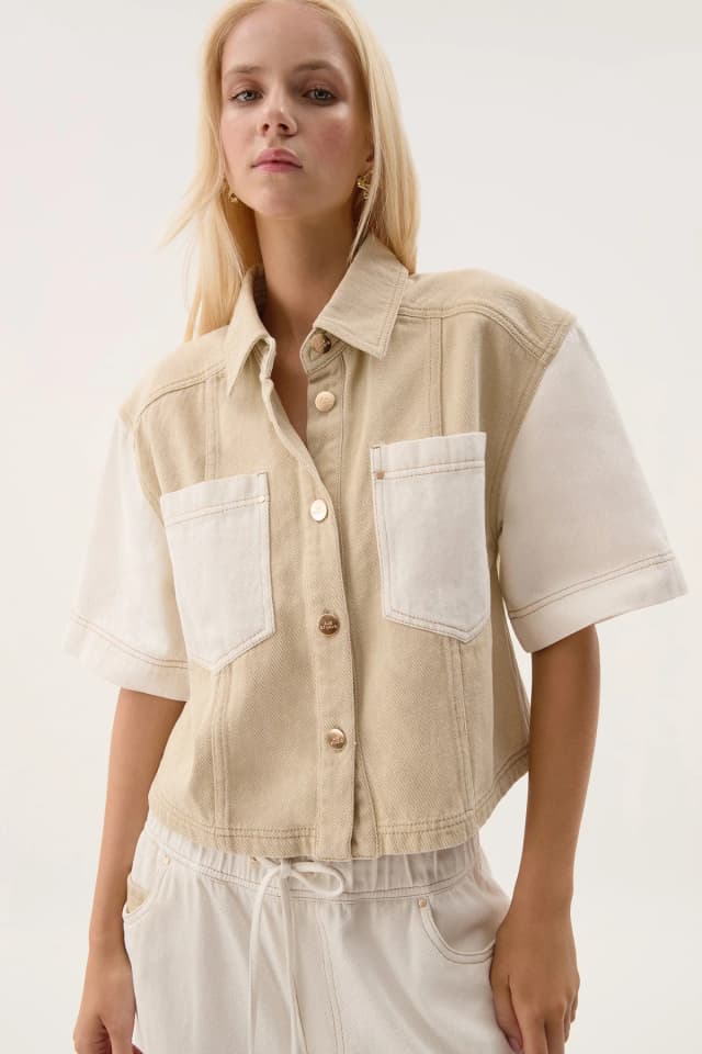 Aje Studio Sadie Cropped Denim Shirt in IVORY/ECRU, image 1 of 1 from Aje