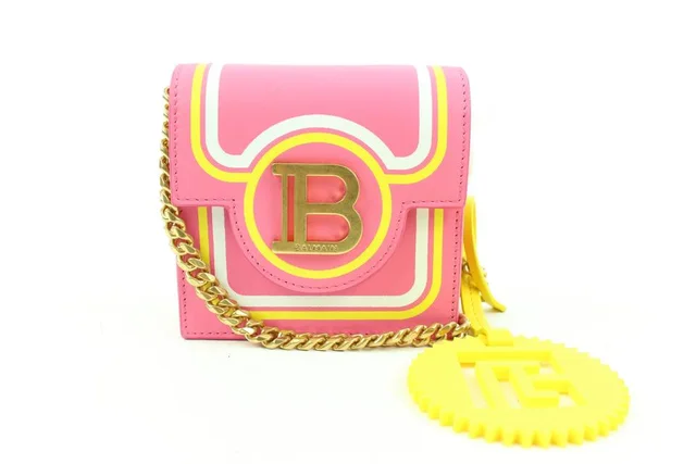 Balmain x Barbie Pink x Yellow Leather Mini Chain Crossbody Flap Bag in Pink Leather from Bagriculture, photo 1 of 1