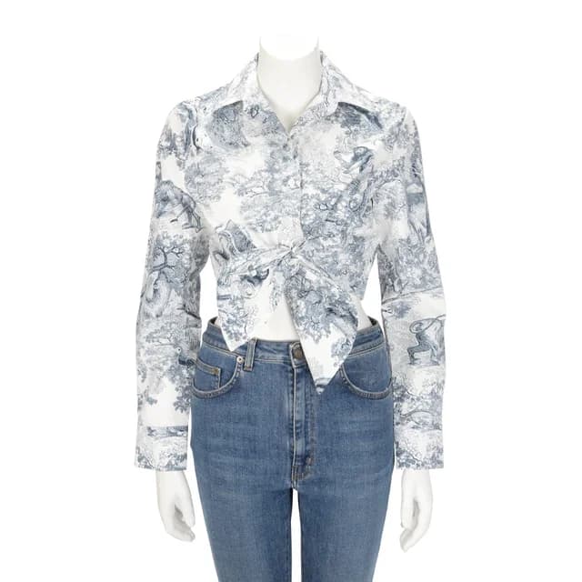 Dior Toile de Jouy Savage Dioriviera Cropped Tie Blouse FR 36 in Blue Silk from Blue Spinach, photo 1 of 1