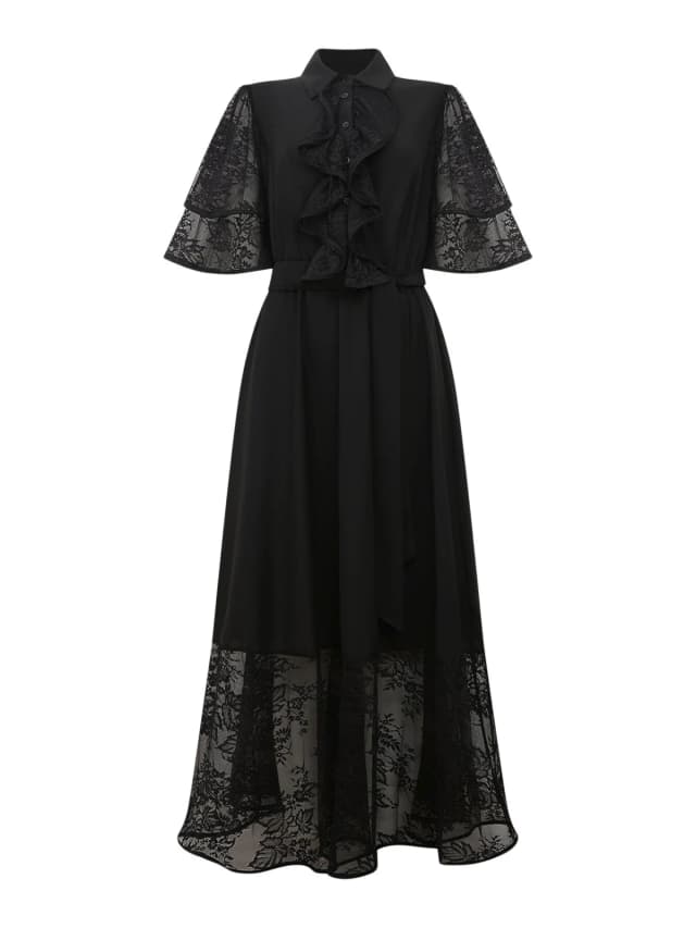 James Lakeland Lace Detail Front Ruffle Midi Dress in Black, image 1 of 1 from Fenwick