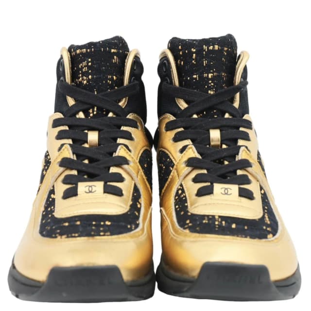 Chanel CC Logo High Top Satin Lambskin Leather Sneakers Gold Size 36.5 in Gold Lambskin from Dallas Designer Handbags, photo 1 of 1