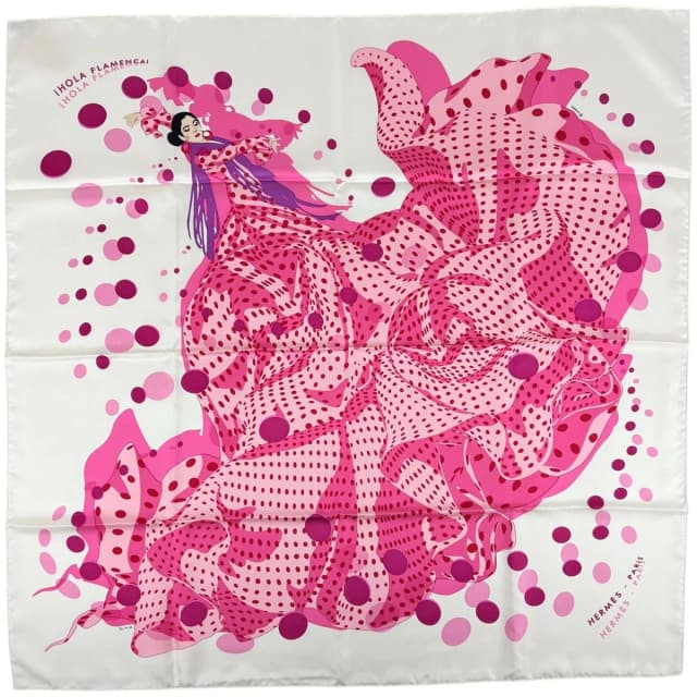 Hermès Carre 90 I Hola Flamenca! Scarf Silk Pink Ivory Multicolor in White Silk from The Reluxe, photo 1 of 1