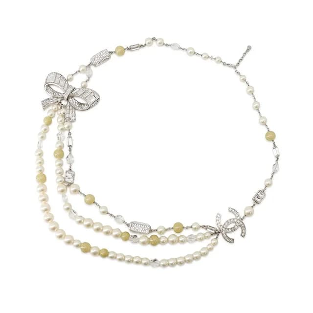 Chanel Necklace CC Logo Ribbon Motif Rhinestone Faux Pearl 08 from The Reluxe, photo 1 of 1