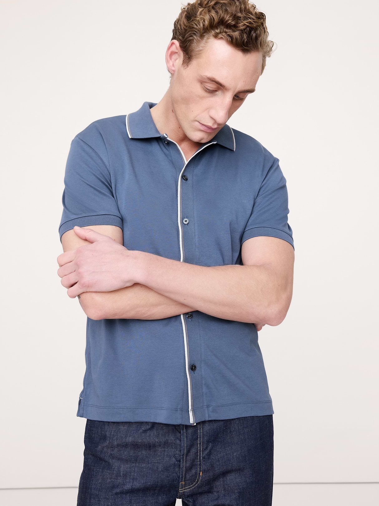 Banana Republic Luxury Touch Resort Shirt in Dark Denim Blue, image 1 of 1 from Banana Republic (Canada)
