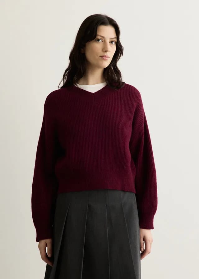 Incu Collection Adore Cropped V Neck Jumper in BURGUNDY, image 1 of 1 from Incu