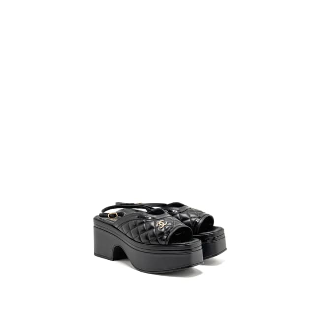 Chanel 23a size 37 Platform Sandals with Matelasse Pearl CC Logo Lambskin/Patent Calfskin Black GHW in Black Lambskin from EMIER, photo 1 of 1