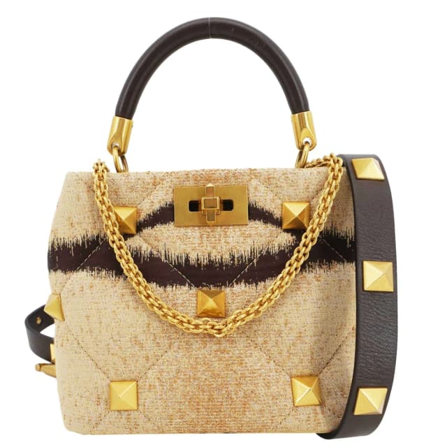 Valentino Garavani Roman Stud Vintage Tiger Print Top Handle Shoulder Bag Sand Gold in Gold Canvas from Dallas Designer Handbags, photo 1 of 1